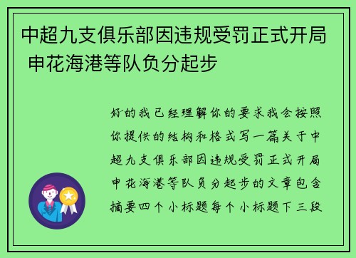中超九支俱乐部因违规受罚正式开局 申花海港等队负分起步